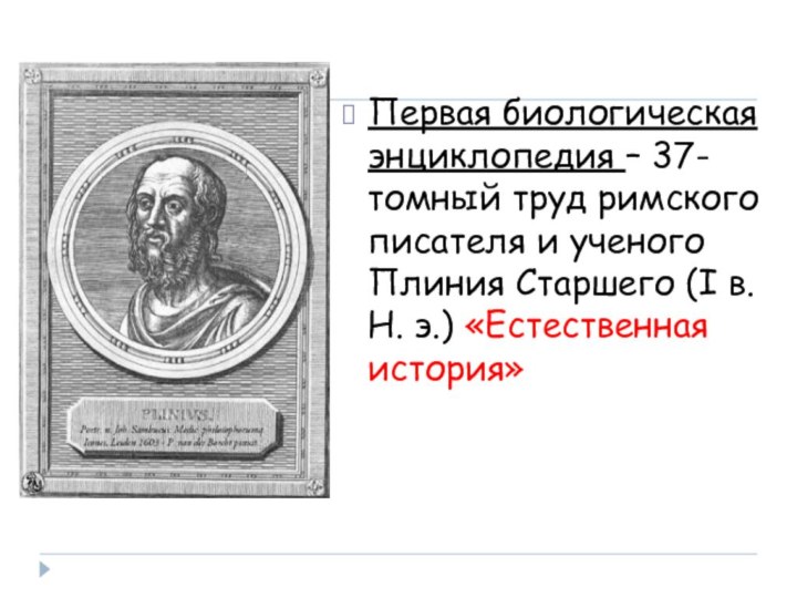 Первая биологическая энциклопедия – 37-томный труд римского писателя и ученого Плиния