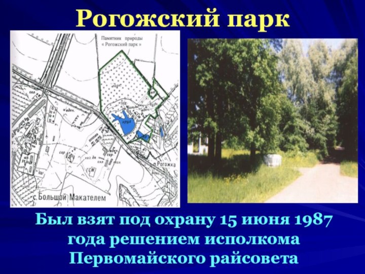 Рогожский паркБыл взят под охрану 15 июня 1987 года решением исполкома Первомайского райсовета