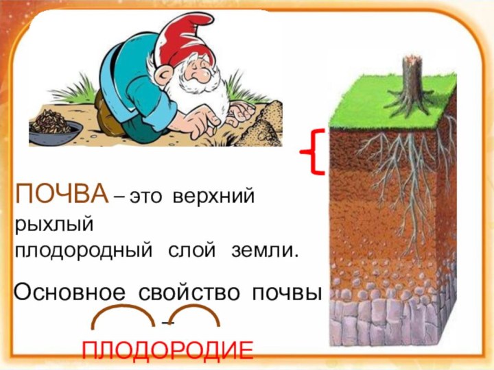 ПОЧВА – это верхний рыхлый плодородный  слой  земли.Основное свойство почвы – ПЛОДОРОДИЕ