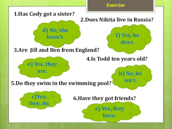 Exercise1.Has Cody got a sister?2.Does Nikita live in Russia?3.Are Jill and Ben