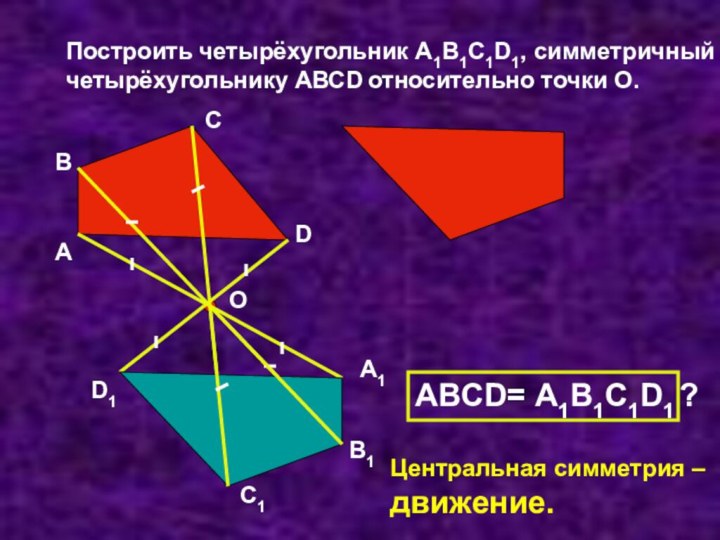Построить четырёхугольник А1В1С1D1, симметричный  четырёхугольнику АВСD относительно точки О.АВСDОА1В1С1D1АВCD= А1В1С1D1?Центральная симметрия –  движение.