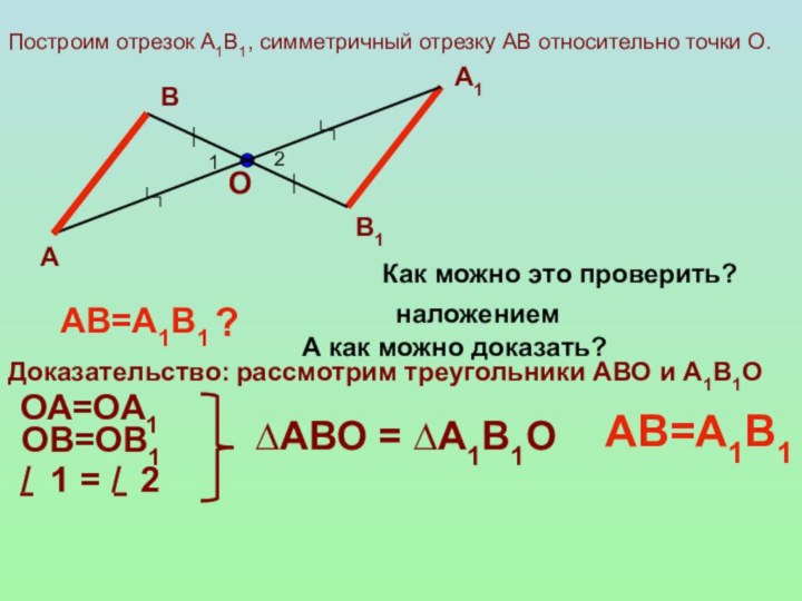 Построим отрезок А1В1, симметричный отрезку АВ относительно точки О.АВ12А1В1АВ=А1В1?Как можно это проверить?