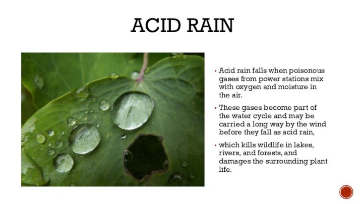 Acid rainAcid rain falls when poisonous gases from power stations mix with