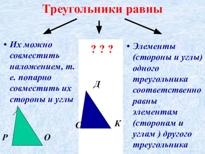 Треугольники равны Их можно совместить наложением, т.е. попарно совместить их стороны и