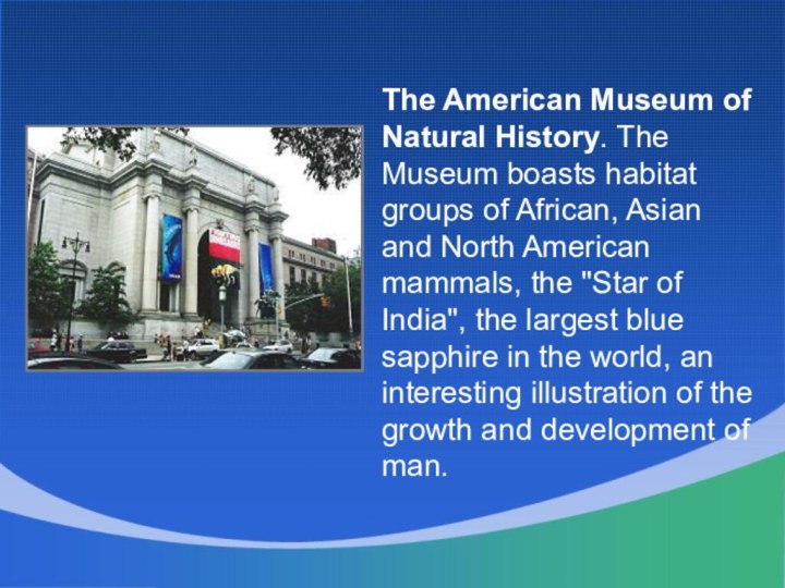 The American Museum of Natural History. The Museum boasts habitat groups