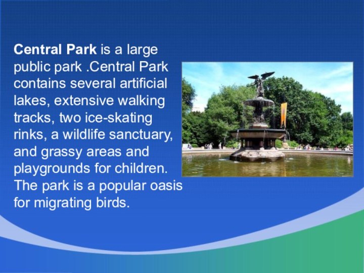 Central Park is a large public park .Central Park contains several