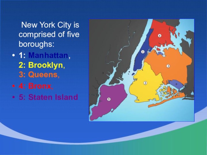New York City is comprised of five boroughs:1: Manhattan, 2: Brooklyn, 3: Queens, 4: Bronx, 5: Staten Island