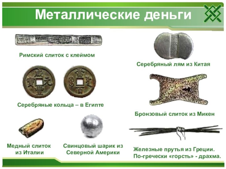 Металлические деньгиРимский слиток с клеймомСеребряные кольца – в ЕгиптеБронзовый слиток из