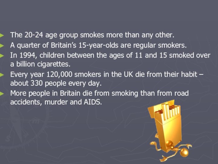The 20-24 age group smokes more than any other.A quarter of Britain’s