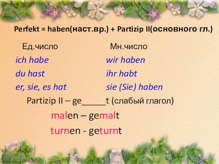 Perfekt = haben(наст.вр.) + Partizip II(основного гл.)   Ед.число