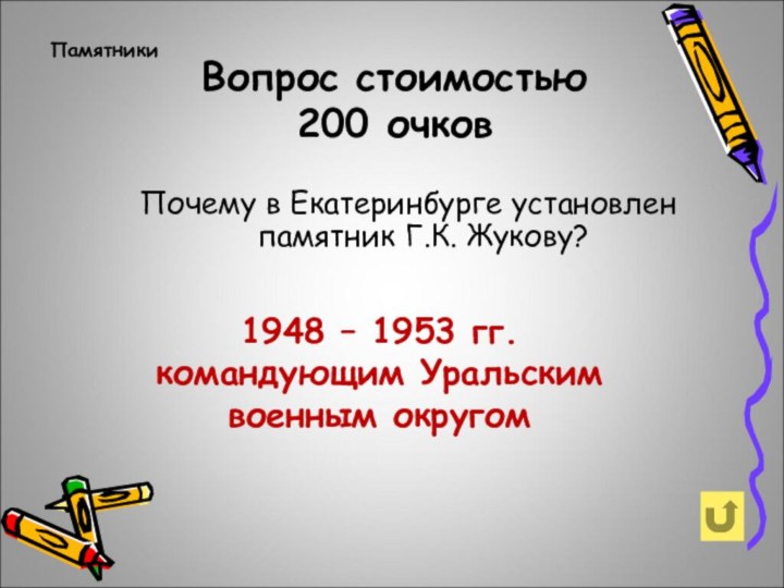 Вопрос стоимостью 200 очковПамятники Почему в Екатеринбурге установлен памятник Г.К. Жукову? 1948