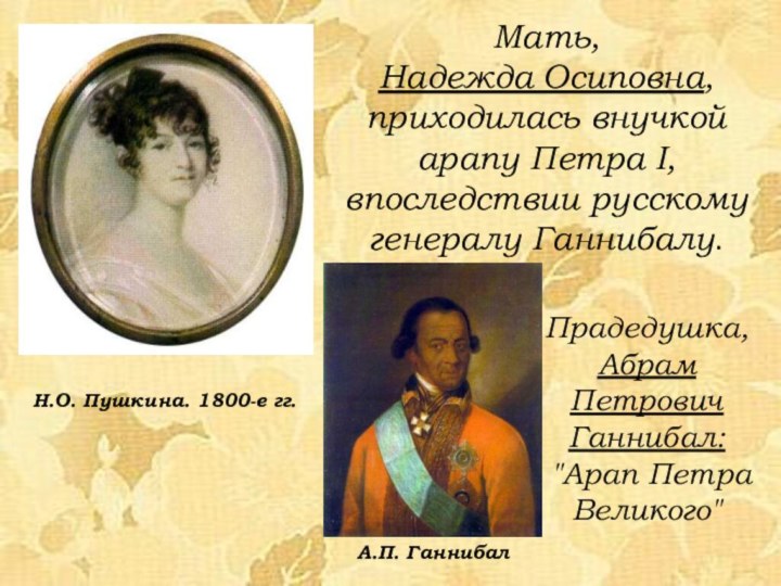 Мать, Надежда Осиповна, приходилась внучкой арапу Петра I, впоследствии русскому генералу Ганнибалу.Н.О.
