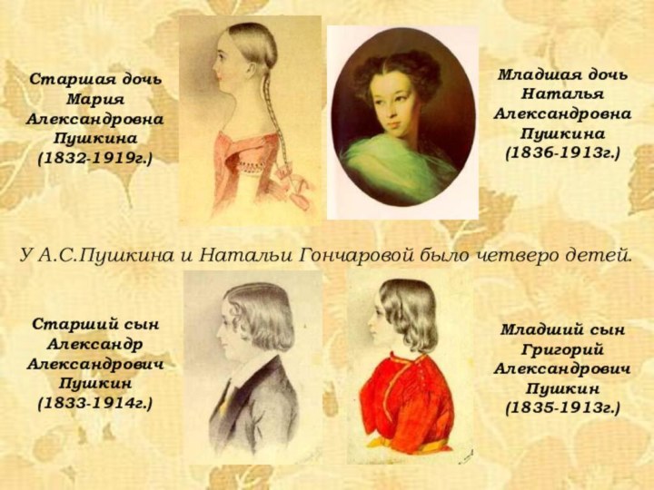 Старшая дочь Мария Александровна Пушкина  (1832-1919г.) Старший сын Александр Александрович Пушкин