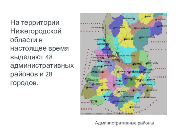 На территории Нижегородской области в настоящее время выделяют 48 административных районов и