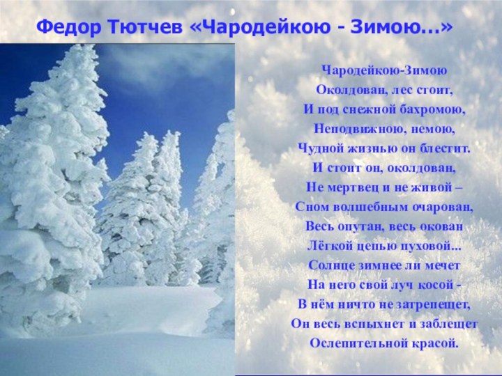 Чародейкою-ЗимоюОколдован, лес стоит,И под снежной бахромою,Неподвижною, немою,Чудной жизнью он блестит.И стоит он,