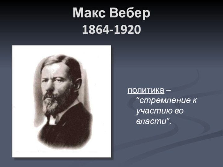 Макс Вебер  1864-1920политика – “стремление к участию во власти”.