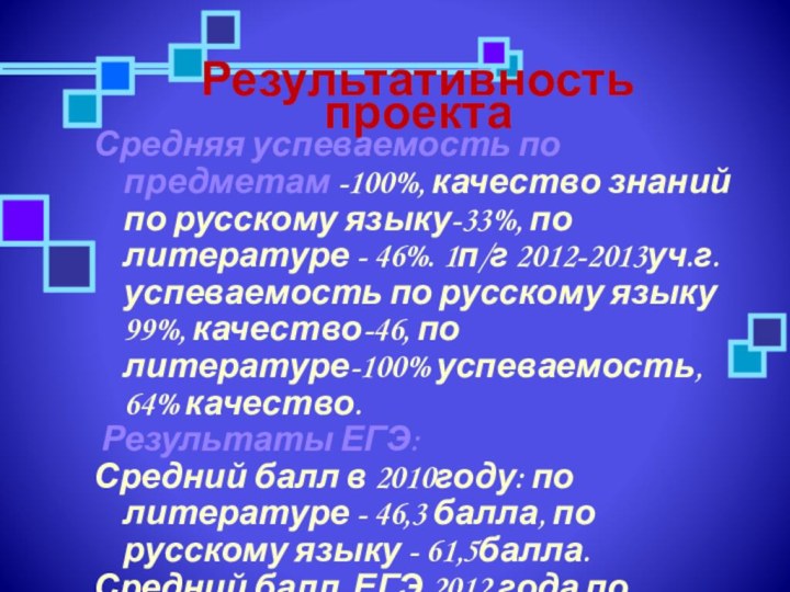 Результативность проектаСредняя успеваемость по предметам -100%, качество знаний по русскому языку-33%, по
