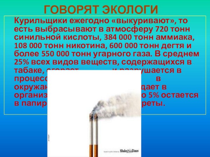 ГОВОРЯТ ЭКОЛОГИ  Курильщики ежегодно «выкуривают», то есть выбрасывают в атмосферу 720