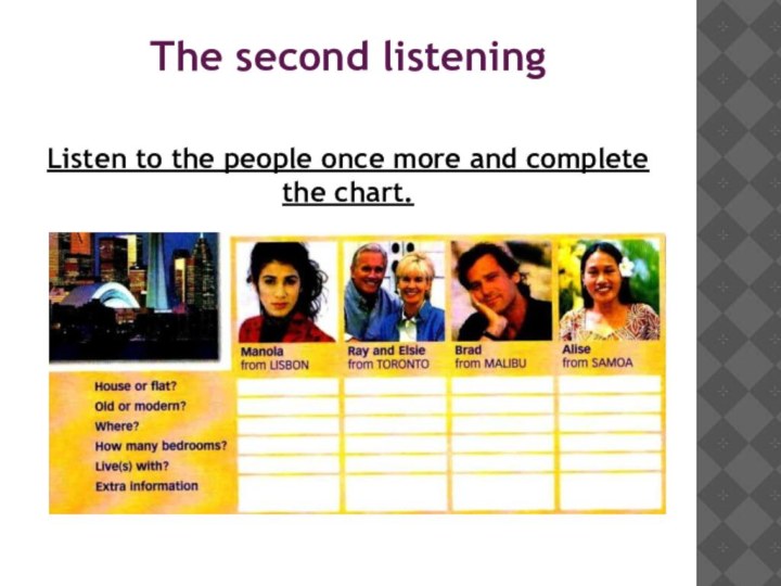 The second listeningListen to the people once more and complete the chart.