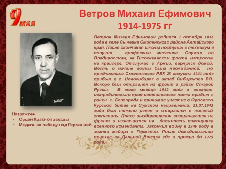 Ветров Михаил Ефимович родился 3 октября 1914 года в селе Сычевка