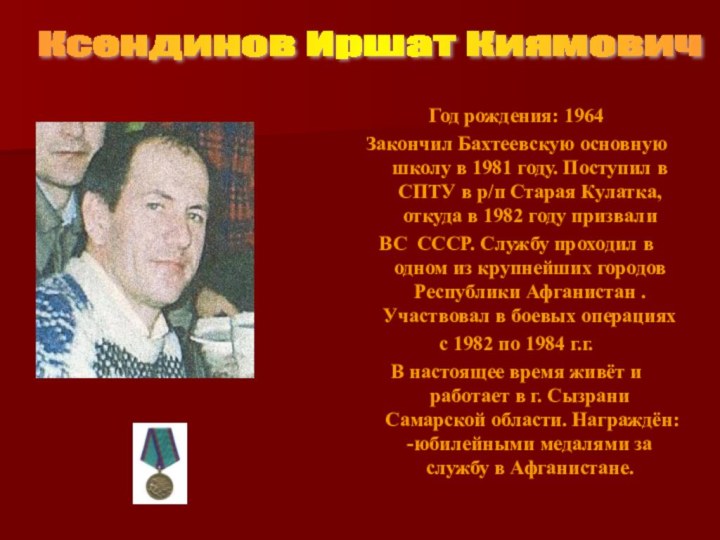 Год рождения: 1964Закончил Бахтеевскую основную школу в 1981 году. Поступил в