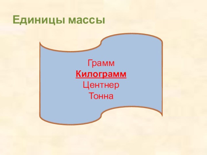 Единицы массыГрамм Килограмм Центнер Тонна