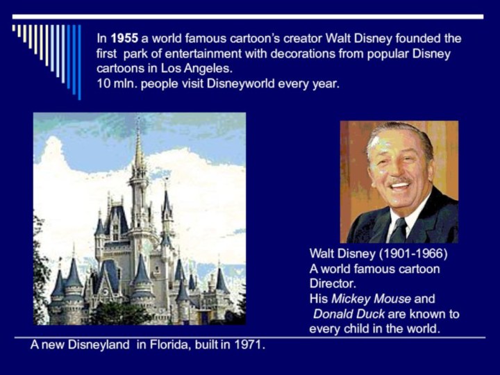 In 1955 a world famous cartoon’s creator Walt Disney founded the first