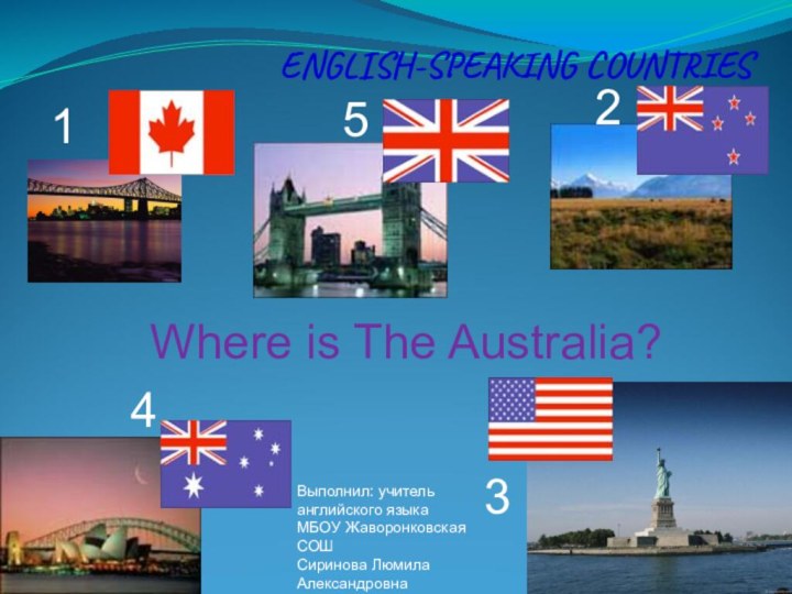 ENGLISH-SPEAKING COUNTRIES15243Where is The Australia?Выполнил: учитель английского языкаМБОУ Жаворонковская СОШСиринова Люмила Александровна