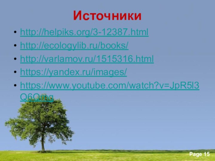 Источники http://helpiks.org/3-12387.htmlhttp://ecologylib.ru/books/http://varlamov.ru/1515316.htmlhttps://yandex.ru/images/https://www.youtube.com/watch?v=JpR5l3Q6Qmg