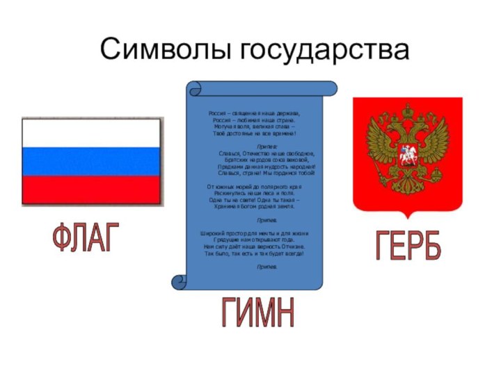 Символы государстваРоссия – священная наша держава,Россия – любимая наша страна.Могучая воля, великая