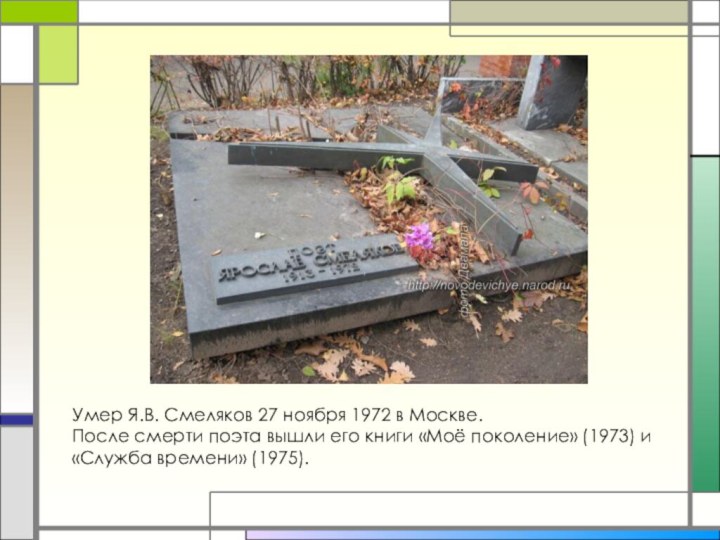 Умер Я.В. Смеляков 27 ноября 1972 в Москве. После смерти поэта вышли