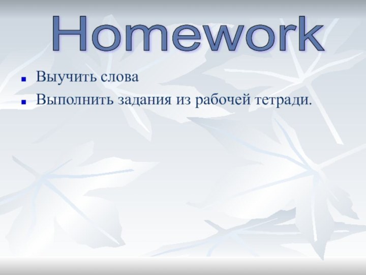 Выучить словаВыполнить задания из рабочей тетради.Homework
