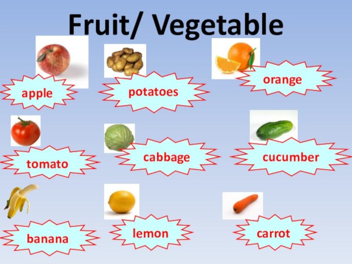 Fruit/ Vegetableapplepotatoesorangetomatocabbagecucumberbananalemoncarrot