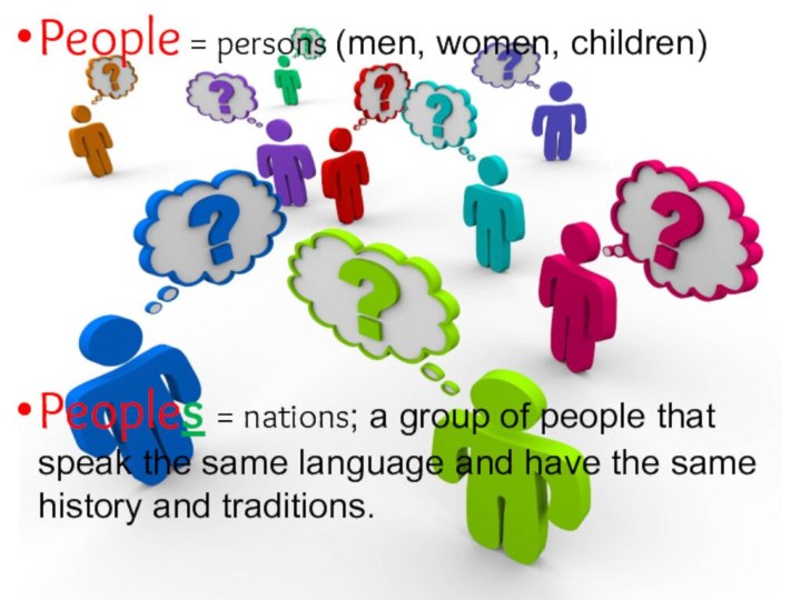 People = persons (men, women, children)Peoples = nations; a group of people
