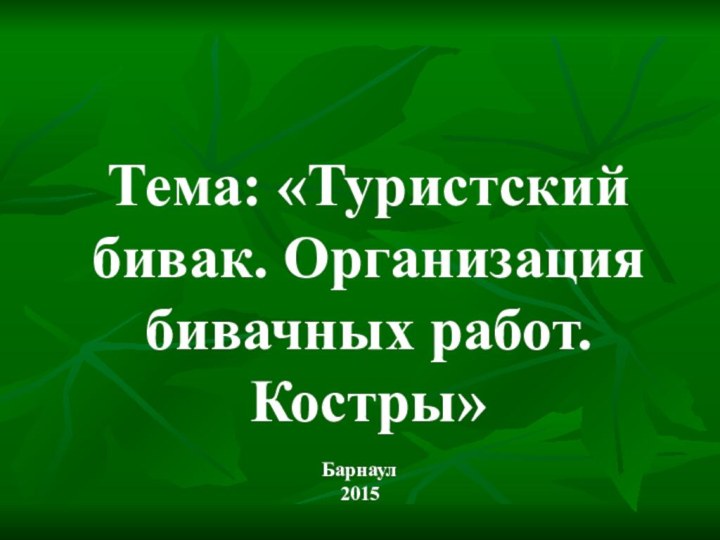 Тема: «Туристский бивак. Организация бивачных работ. Костры» Барнаул2015