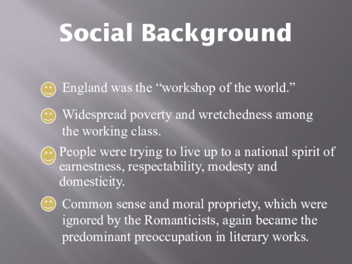 Social BackgroundWidespread poverty and wretchedness among the working class.England was the “workshop