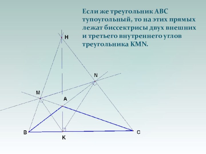 Если же треугольник ABC тупоугольный, то на этих прямых лежат биссектрисы двух