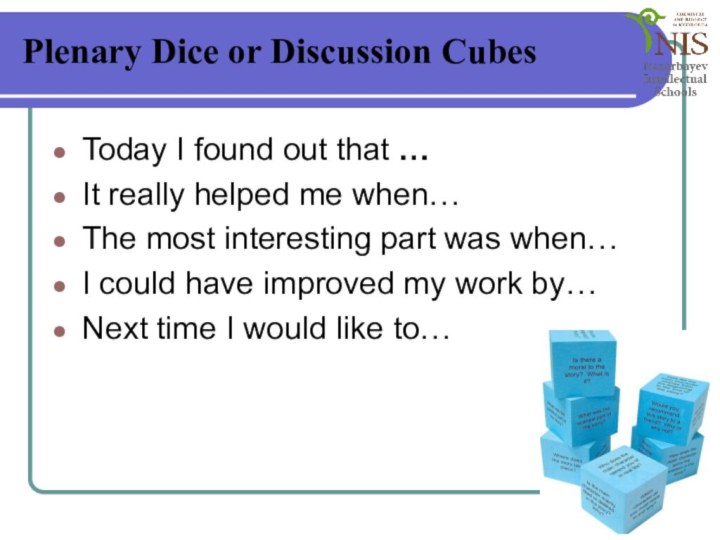 Plenary Dice or Discussion Cubes Today I found out that …It