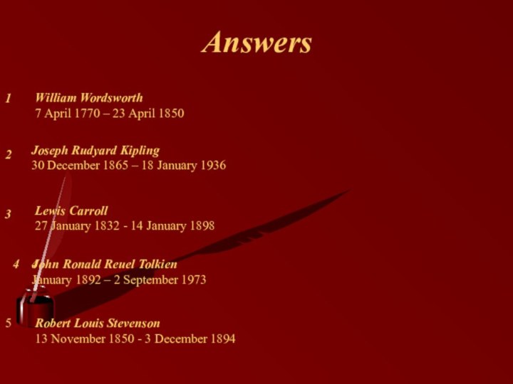 Answers4321Lewis Carroll 27 January 1832 - 14 January 1898Robert Louis Stevenson 13