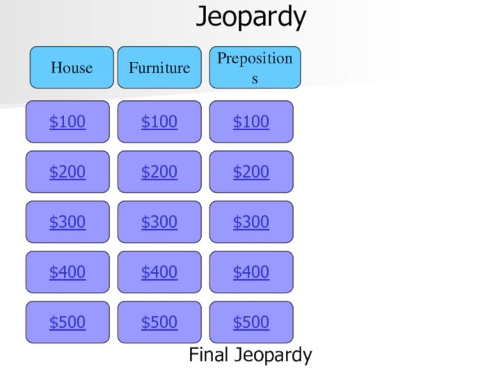 Jeopardy$100HouseFurniturePrepositions$200$300$400$500$500$400$300$200$100$500$400$300$200$100Final Jeopardy