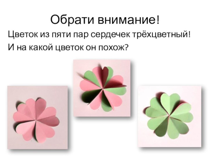 Обрати внимание!Цветок из пяти пар сердечек трёхцветный!И на какой цветок он похож?