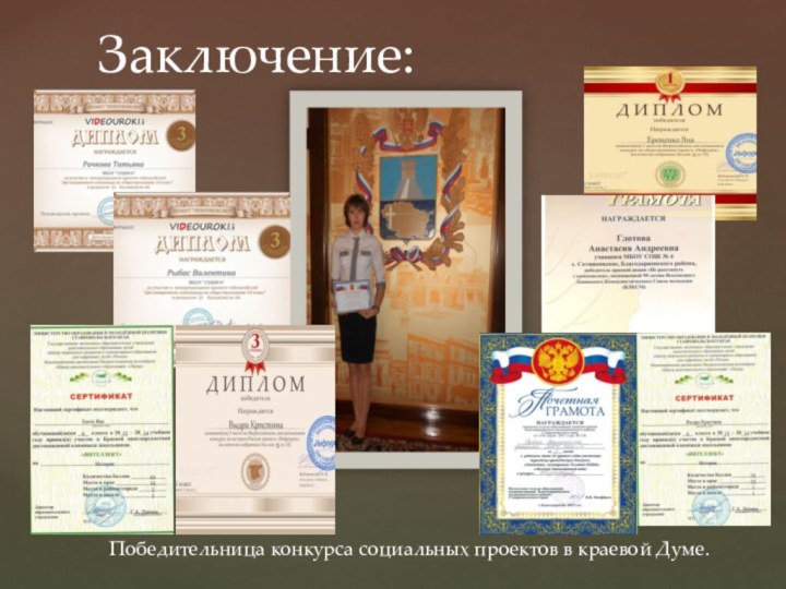 Заключение:Победительница конкурса социальных проектов в краевой Думе.