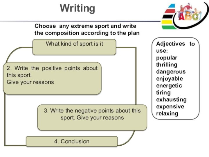 WritingChoose any extreme sport and write the composition according to the planAdjectives