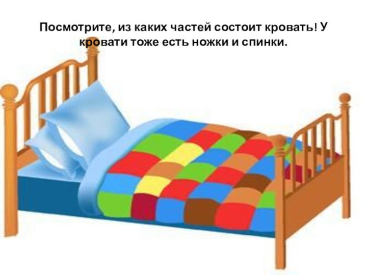 Посмотрите, из каких частей состоит кровать! У кровати тоже есть ножки и спинки. 