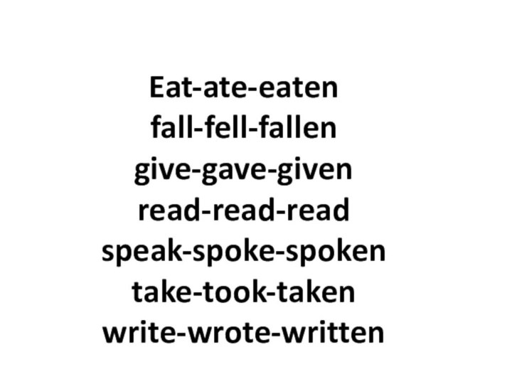 Eat-ate-eaten fall-fell-fallen give-gave-given read-read-read speak-spoke-spoken take-took-taken write-wrote-written