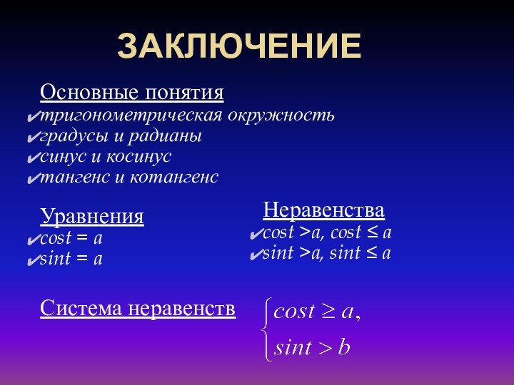ЗАКЛЮЧЕНИЕОсновные понятиятригонометрическая окружность градусы и радианысинус и косинустангенс и котангенсУравненияcost = asint