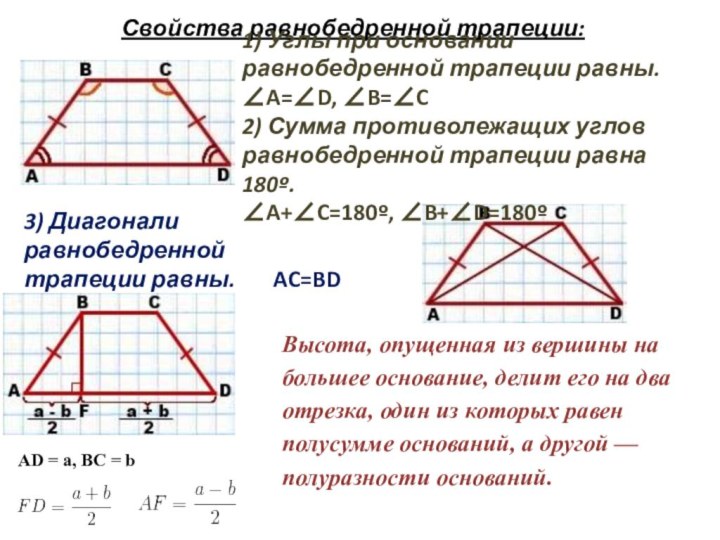 Свойства равнобедренной трапеции:1) Углы при основании равнобедренной трапеции равны. ∠A=∠D, ∠B=∠C2) Сумма