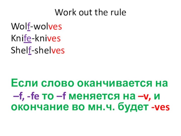 Work out the ruleWolf-wolvesKnife-knivesShelf-shelvesЕсли слово оканчивается на –f, -fe то –f меняется