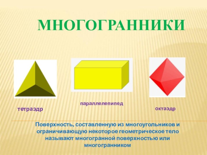 МНОГОГРАННИКИПоверхность, составленную из многоугольников и ограничивающую некоторое геометрическое тело называют многогранной поверхностью или многогранникомтетраэдрпараллелепипедоктаэдр