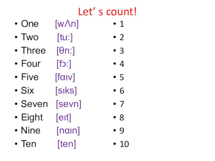 Let’ s count!One   [wΛn]Two    [tu:]Three  [θrι:]Four